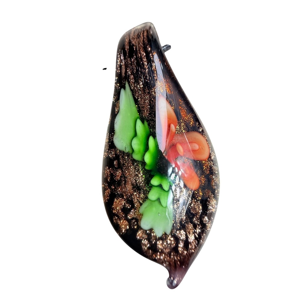 Murano Style Glass Pendant Necklace Teardrop Floral Black Gold Sparkle Boho 24 - Picture 4 of 5
